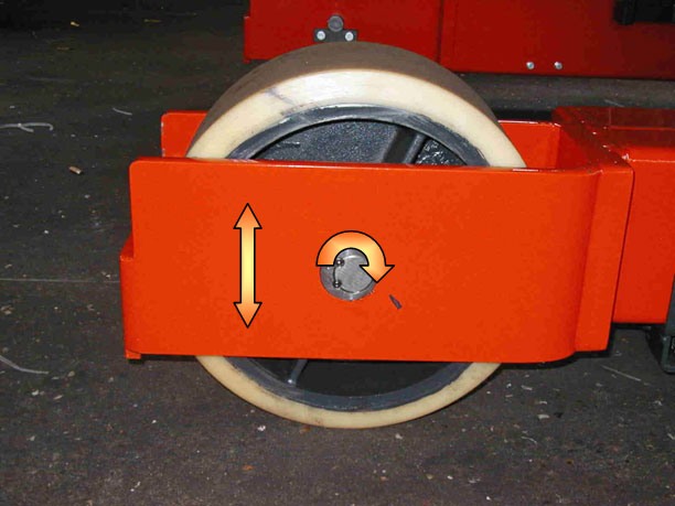 Vertically adjustable load wheel on excentric shaft